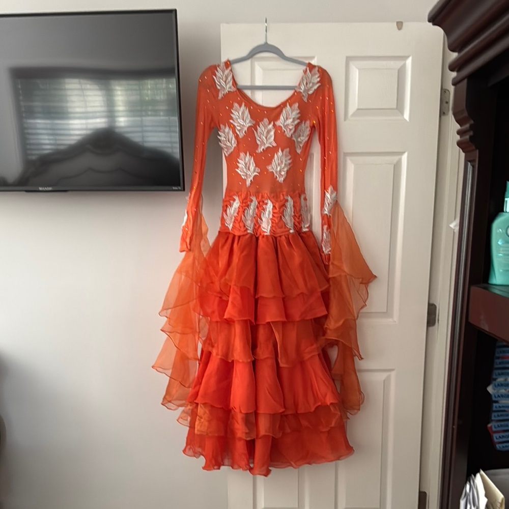 Elegant Orange women ballroom dance Dress with Leaf Design size s-m